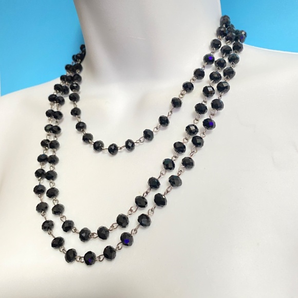 Vintage Black Glass Faceted Beads Long Necklace Over-The-Head Style - Picture 7 of 9